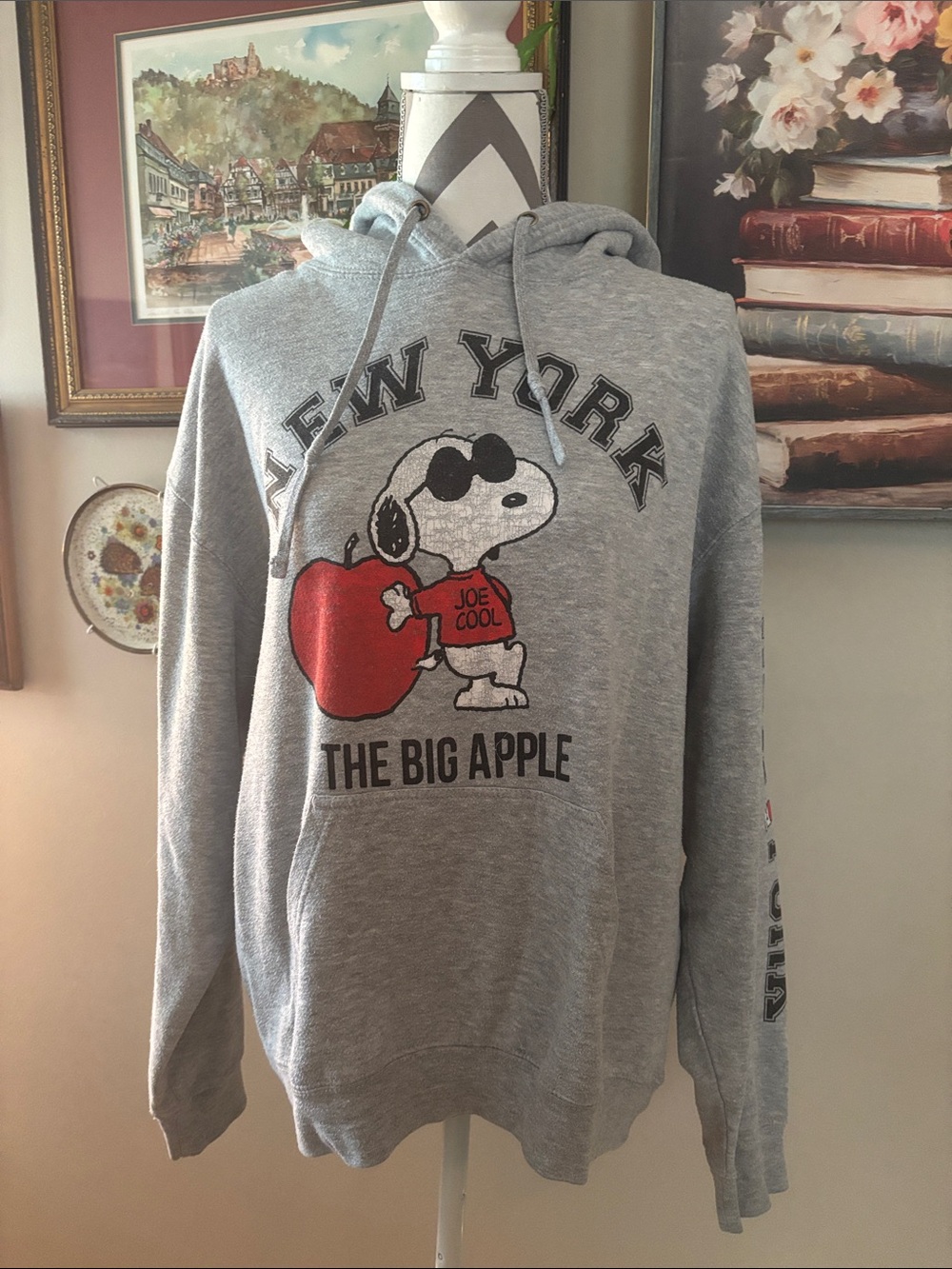 Peanuts Gray Hoodie with Snoopy Joe Cool and Red Apple